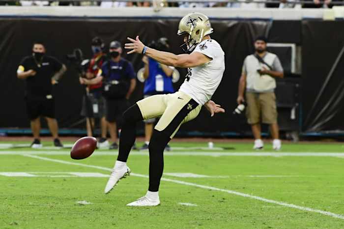 New Orleans Saints punter Blake Gillikin (4) punts during against the Green Bay Packers. Mandatory Credit: Tommy Gilligan-USA TODAY Sports
